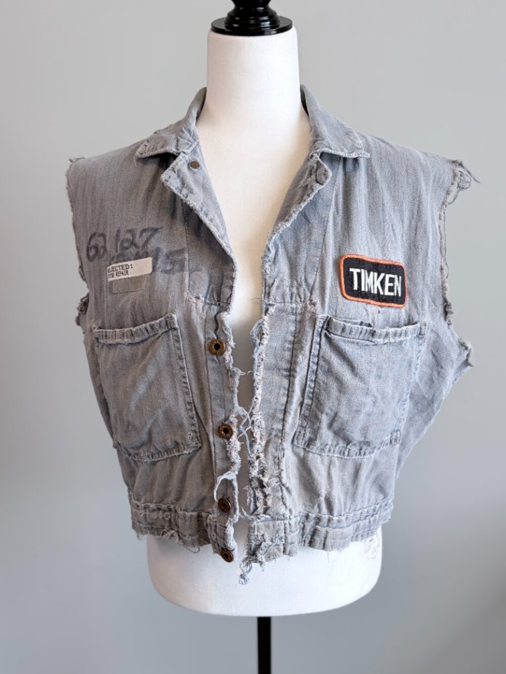 Heavily Distressed Denim Utility Vest Raw Edge Industrial Workwear Stone Cutter